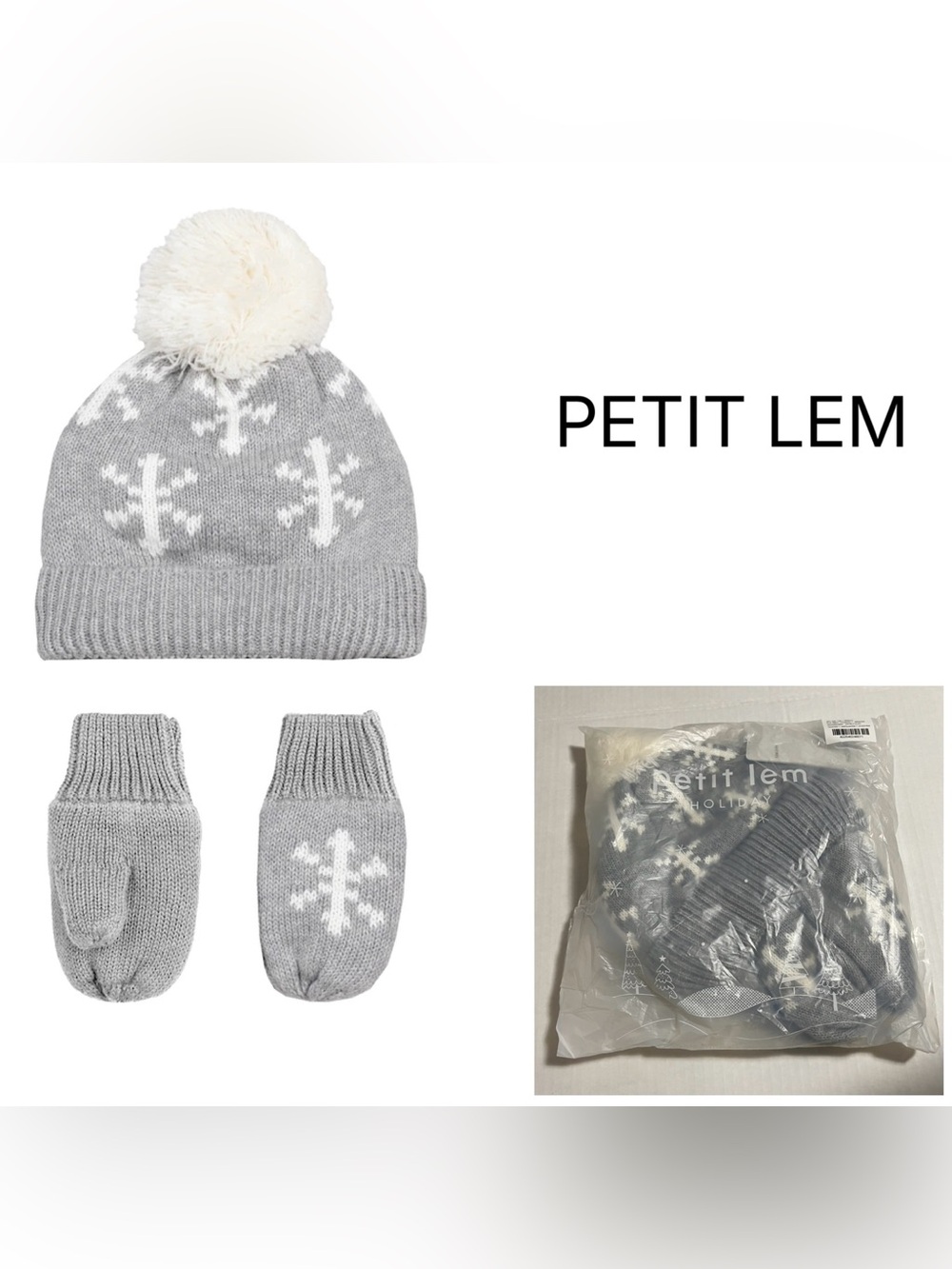 PETIT LEM - 12/24M - NWT - INFANT KNIT GREY / WHITE SNOWFLAKE HAT & MITTENS SET